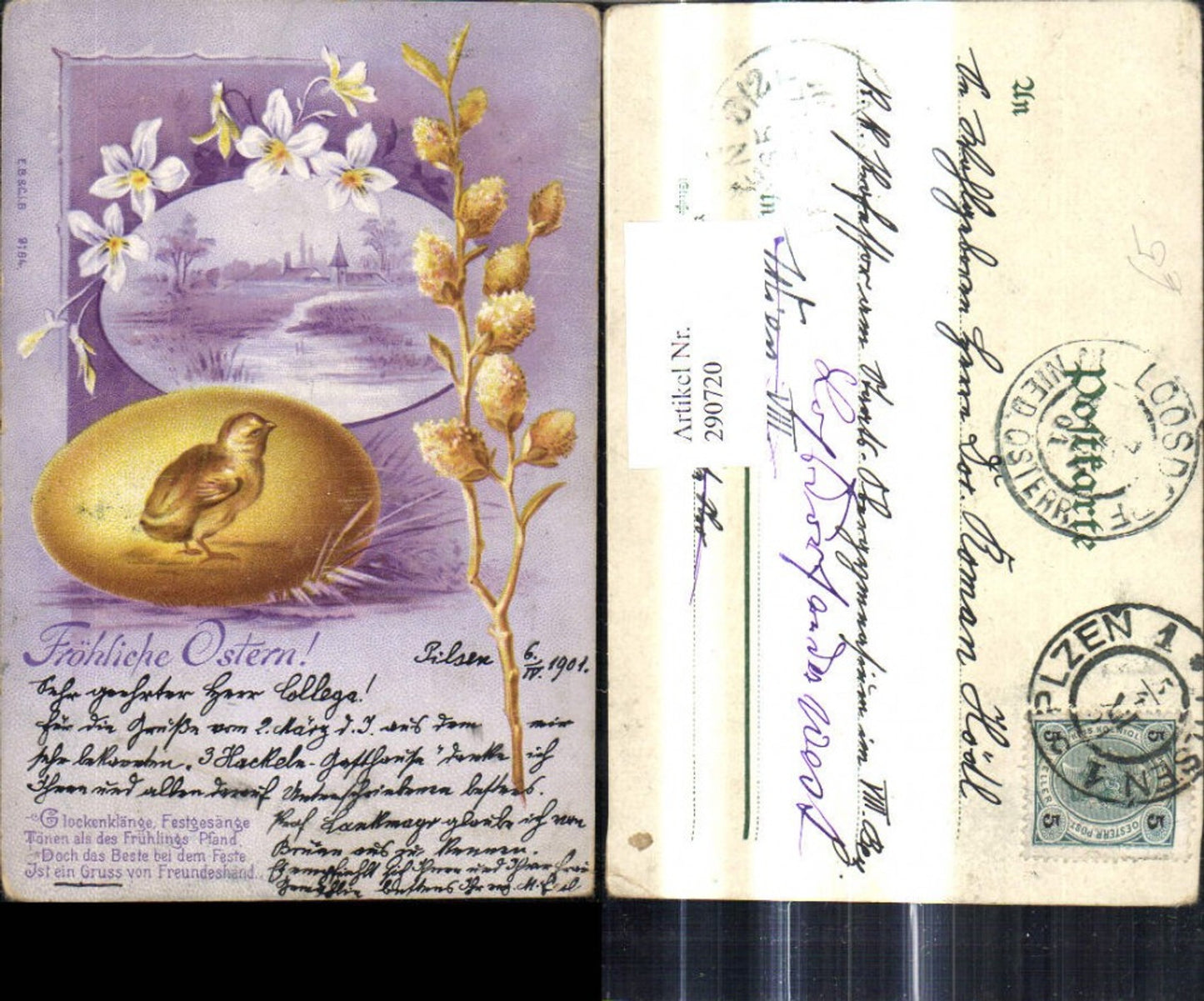 290720,Künstler Ak Ostern Küken i. Ei Osterei Landschaft Blumen Spruch Text