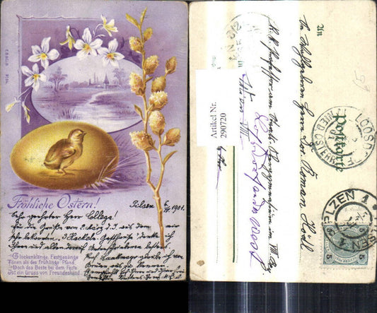 290720,Künstler Ak Ostern Küken i. Ei Osterei Landschaft Blumen Spruch Text