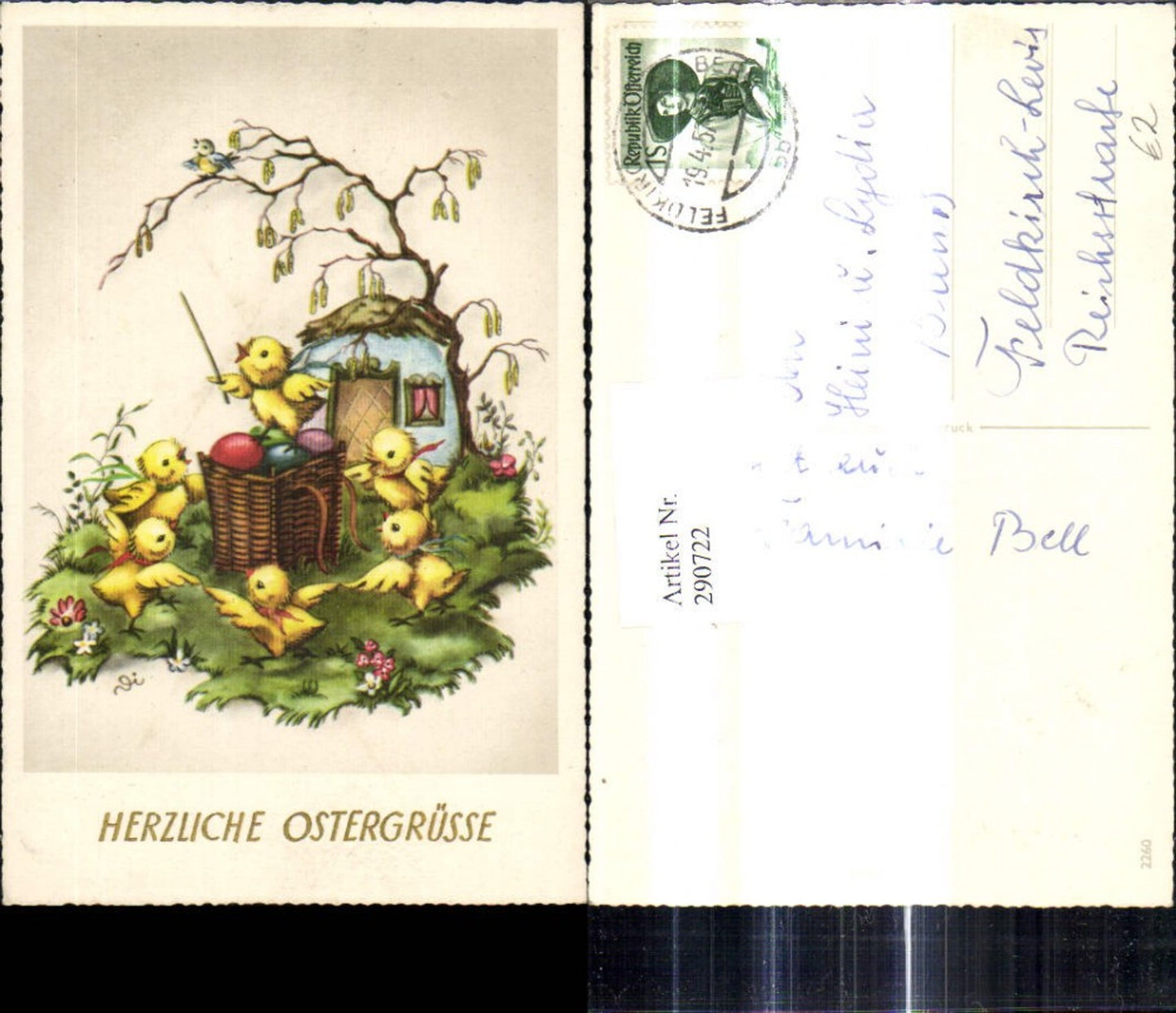 290722,Künstler Ak Ostern Küken Chor Korb m. Ostereier Eier Haus Weidenzweig m. Vogel