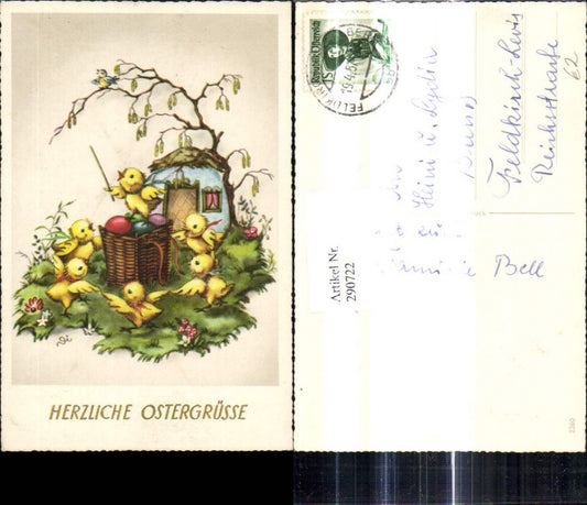 290722,Künstler Ak Ostern Küken Chor Korb m. Ostereier Eier Haus Weidenzweig m. Vogel