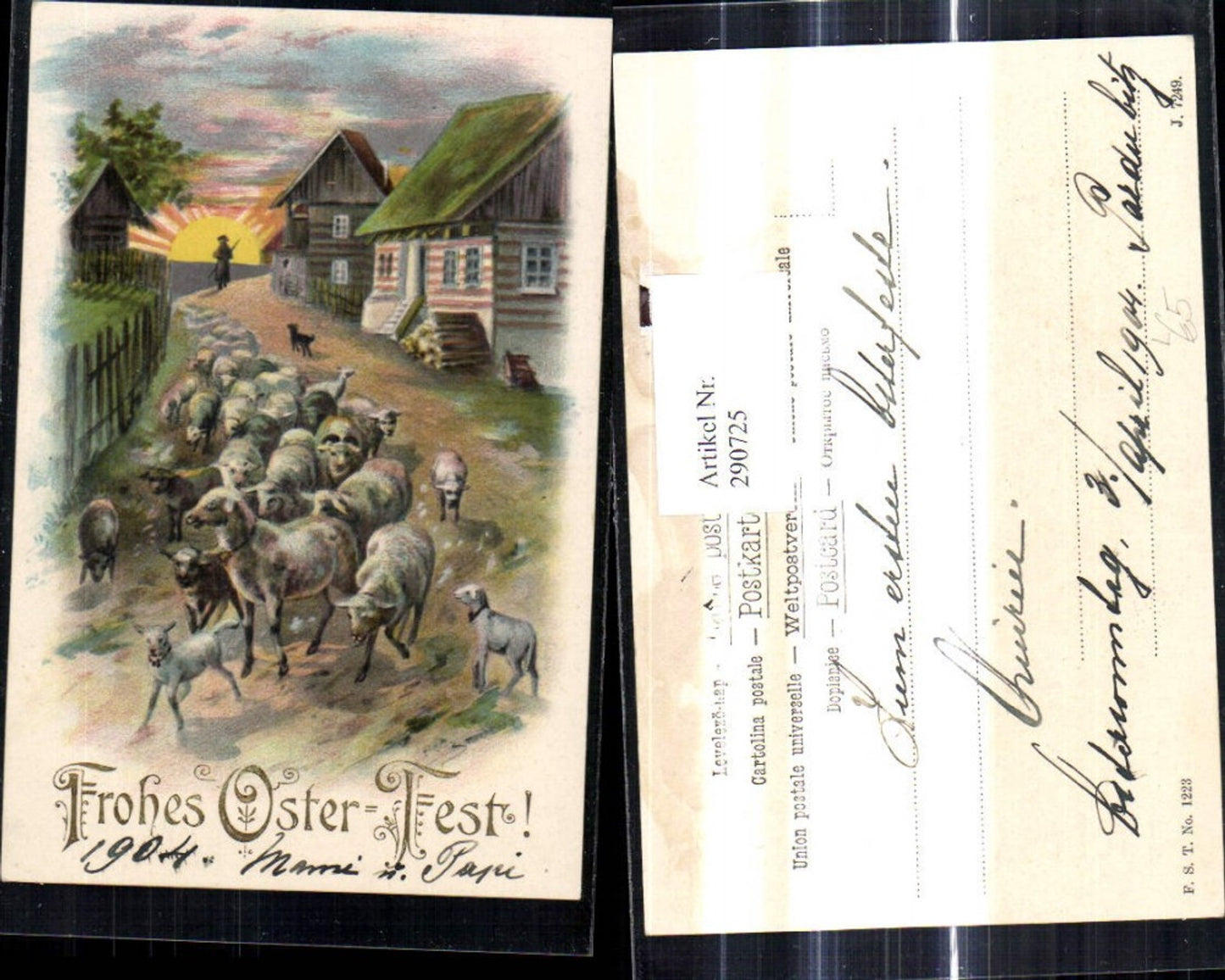 290725, Lithograph Easter Shepherd Shepherd Sheep Village Street near Sunset Gold lettering