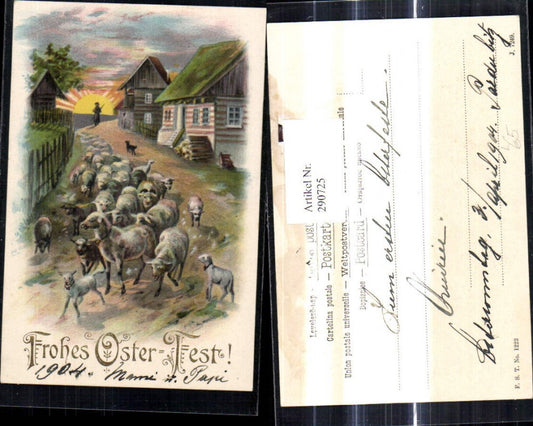 290725, Lithograph Easter Shepherd Shepherd Sheep Village Street near Sunset Gold lettering