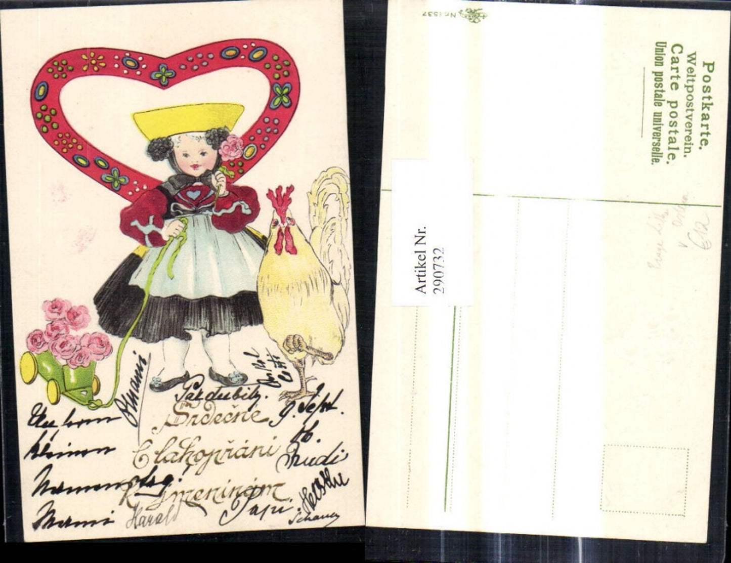 290732, Embosser Lithograph Easter Girl Traditional Costume Rooster Ladder Wagon Roses Heart Gold Lettering pub Erika 2537