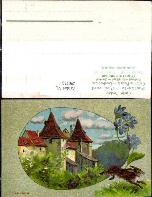 290733, Embossed Lithograph Easter Castle Rabbit Flower Passepartout Egg Shape Egg