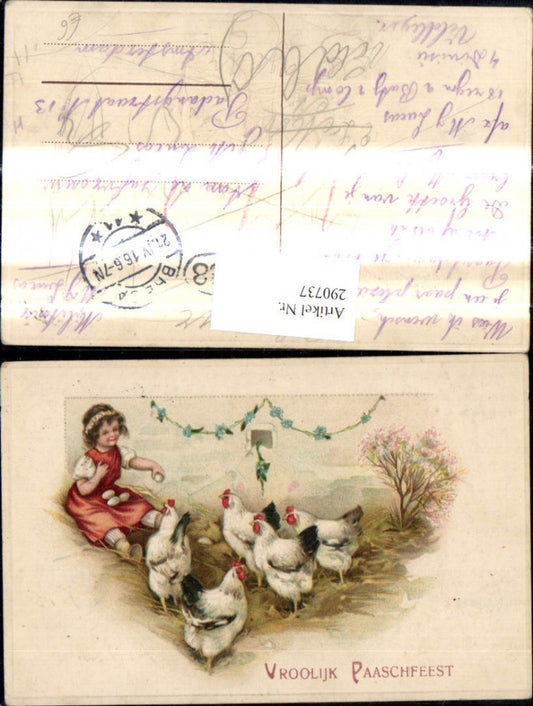 290737, embossed postcard Easter girl with eggs on apron, chickens, tree, flower garland, Easter celebration