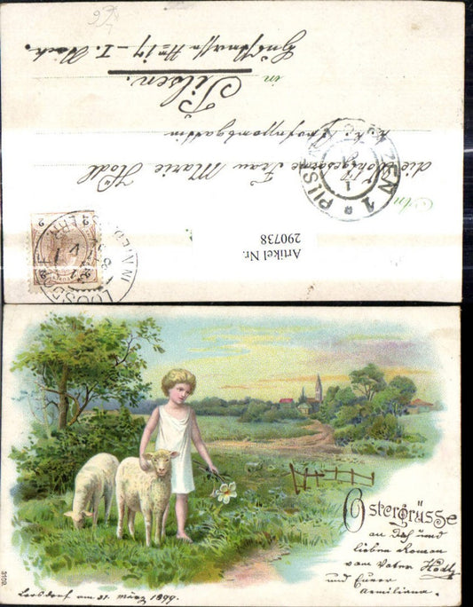 290738, Artist Lithograph Easter Child with Sheep Flower Landscape Church