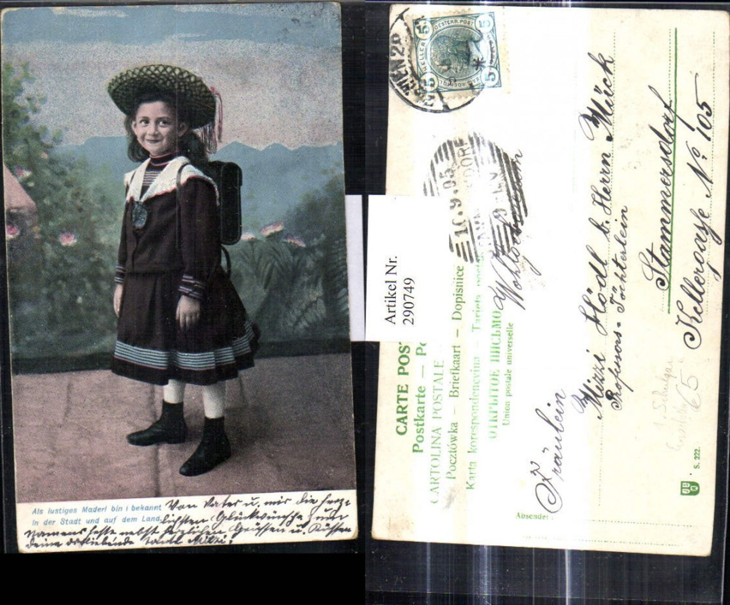 290749,Schulanfang Einschulung Mädchen Uniform Hut Schultasche a. Rücken Spruch Text pub RPH 2867/1