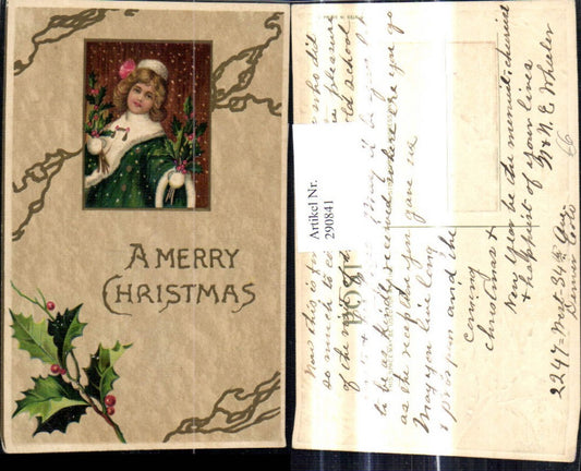 290841, Embossed Christmas Girl's Bonnet with Fur and Holly Branches A Merry Christmas