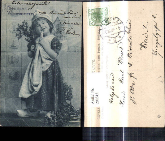 290842, Christmas girl Dutch traditional costume bonnet wooden shoes