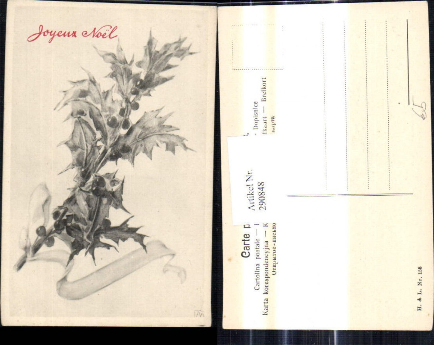 290848, Artist Ak Christmas Holly Branch Bow Joyeux Noel