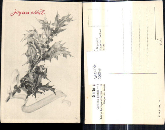 290848, Artist Ak Christmas Holly Branch Bow Joyeux Noel