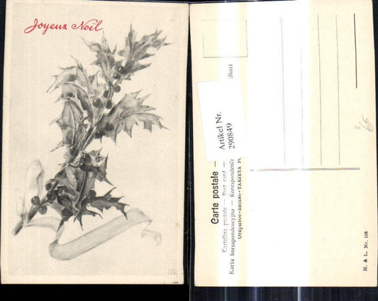 290849, Artist Ak Christmas Holly Branch Bow Joyeux Noel