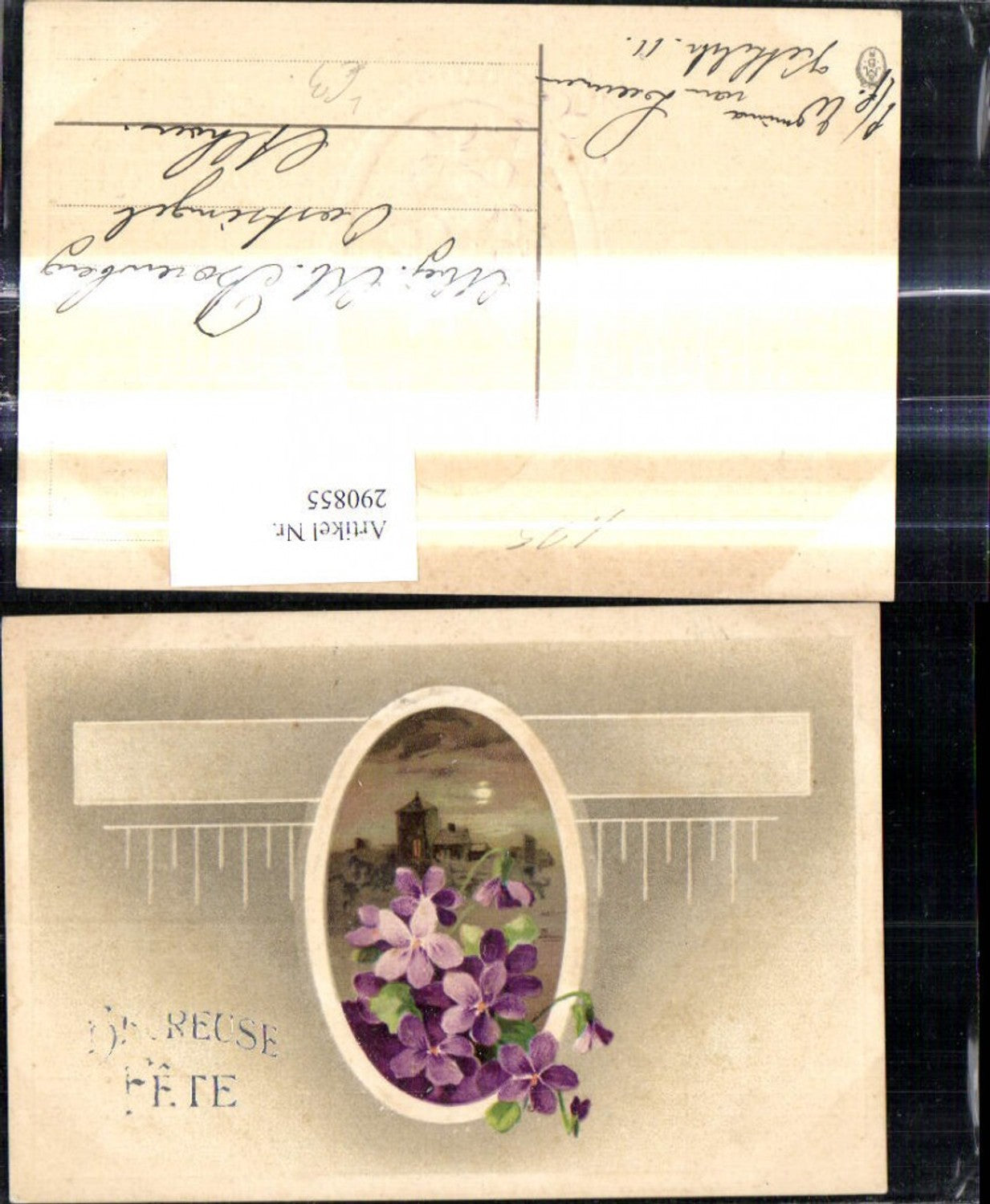 290855,Präge Litho Haus b. Mondschein Blumen Veilchen Heureuse Fete