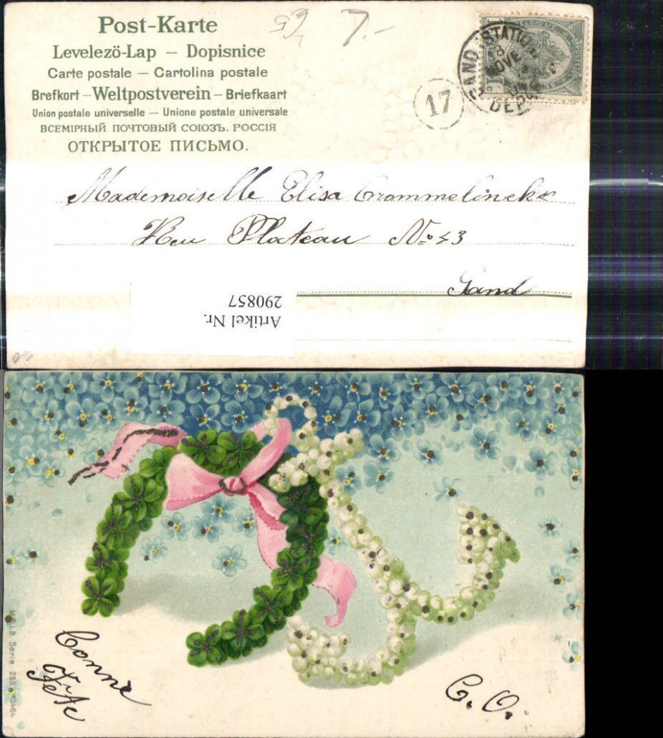 290857,Präge Litho Anker Hufeisen a. Blumen Blüten Schleife Glitzerverzierung