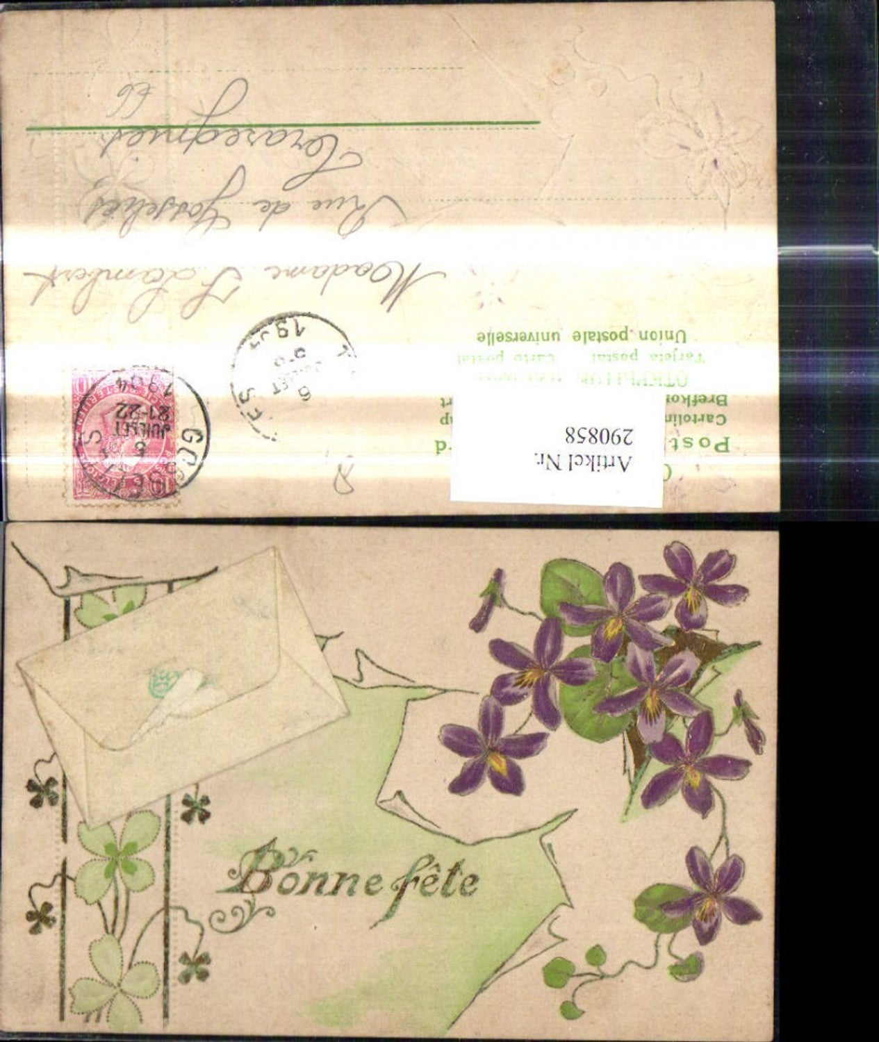290858,Präge Ak aufgeklebte Mini Kuvert m. Brief Blumen Veilchen Goldverzierung
