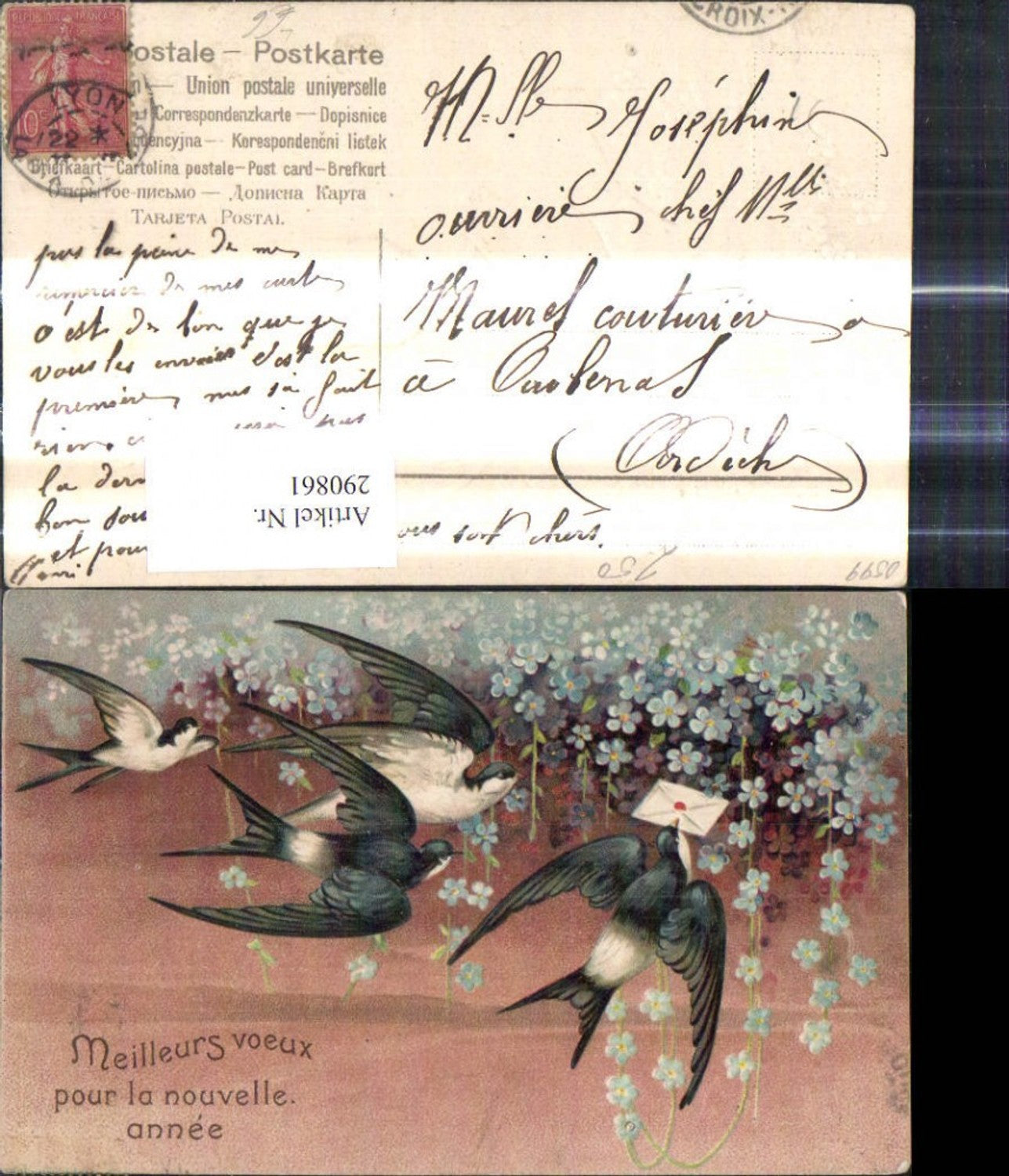 290861,Präge Litho Schwalben m. Brief Kuvert Blumen Vergissmeinnicht