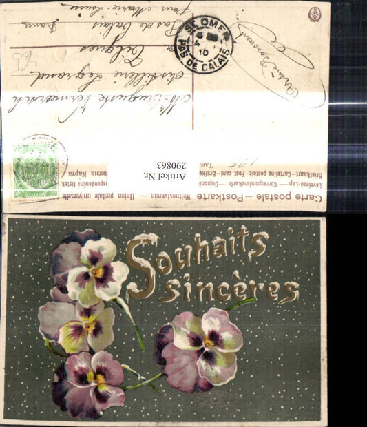 290863,Präge Litho Blumen Stiefmütterchen Schnee Souhaits sinceres