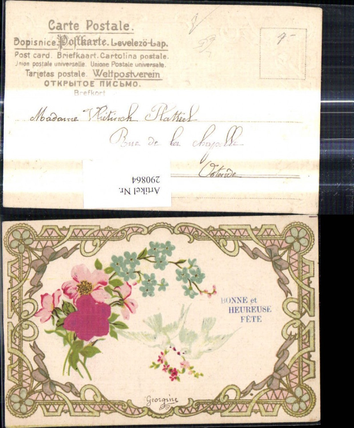 290864,Präge Litho Satinblume Blumen Rosen Vergissmeinnicht Tauben Bonne et Heureuse Fete