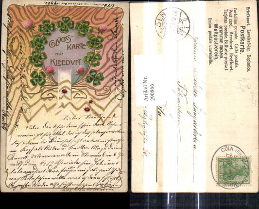 290866,Präge Litho Glückskarte m. Kleeduft Klee Kleebläter Blüten Marienkäfer Bahnpost Zug 81 Cöln/Rhein
