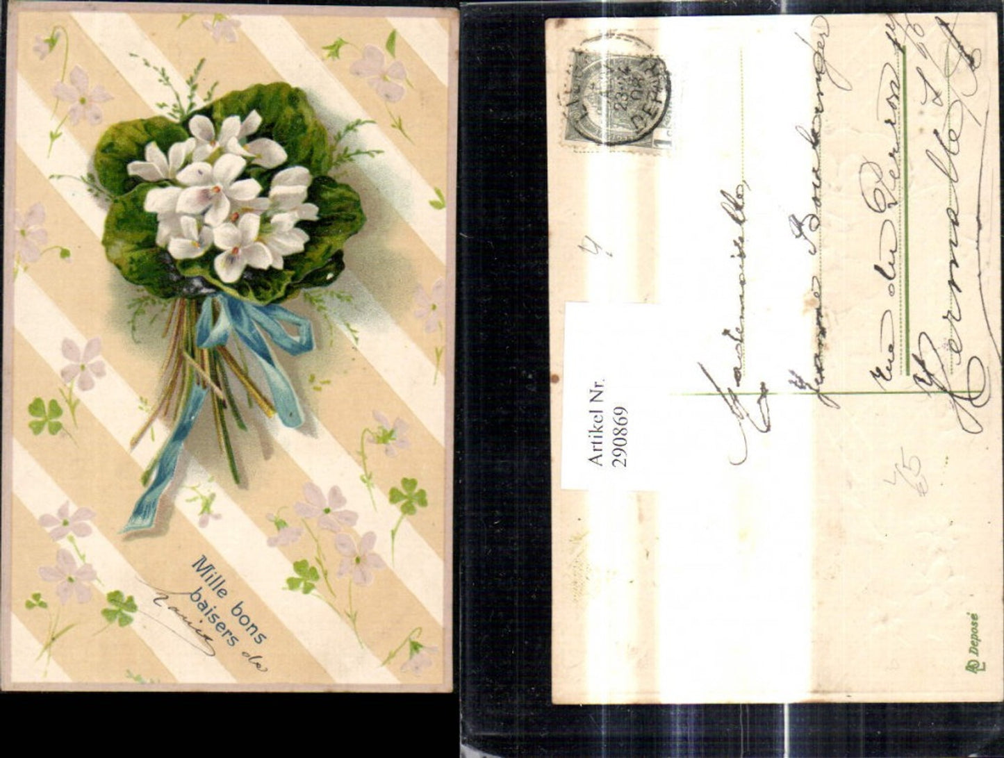 290869,Präge Litho Blumenstrauß Blumen Alpenveilchen Schleife Mille bons baisers