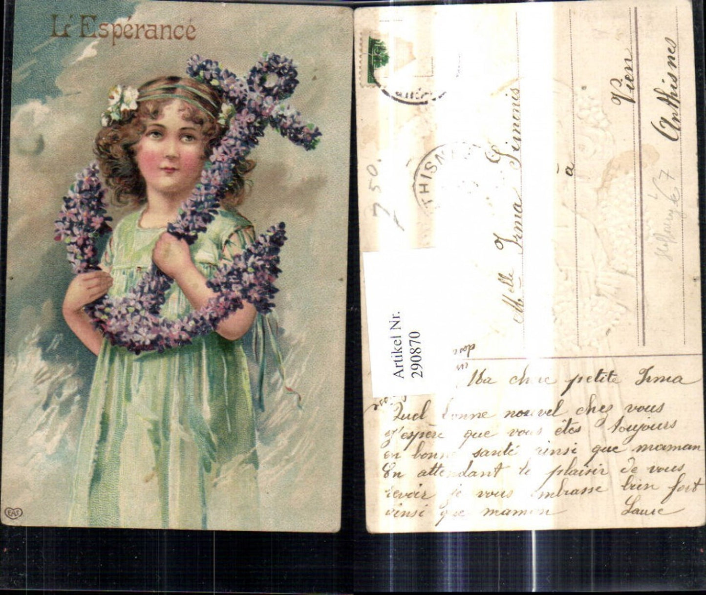 290870,Präge Litho Mädchen m. Blütenanker Anker Blumen Veilchen L Esperance Hoffnung pub EAS