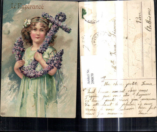 290870,Präge Litho Mädchen m. Blütenanker Anker Blumen Veilchen L Esperance Hoffnung pub EAS
