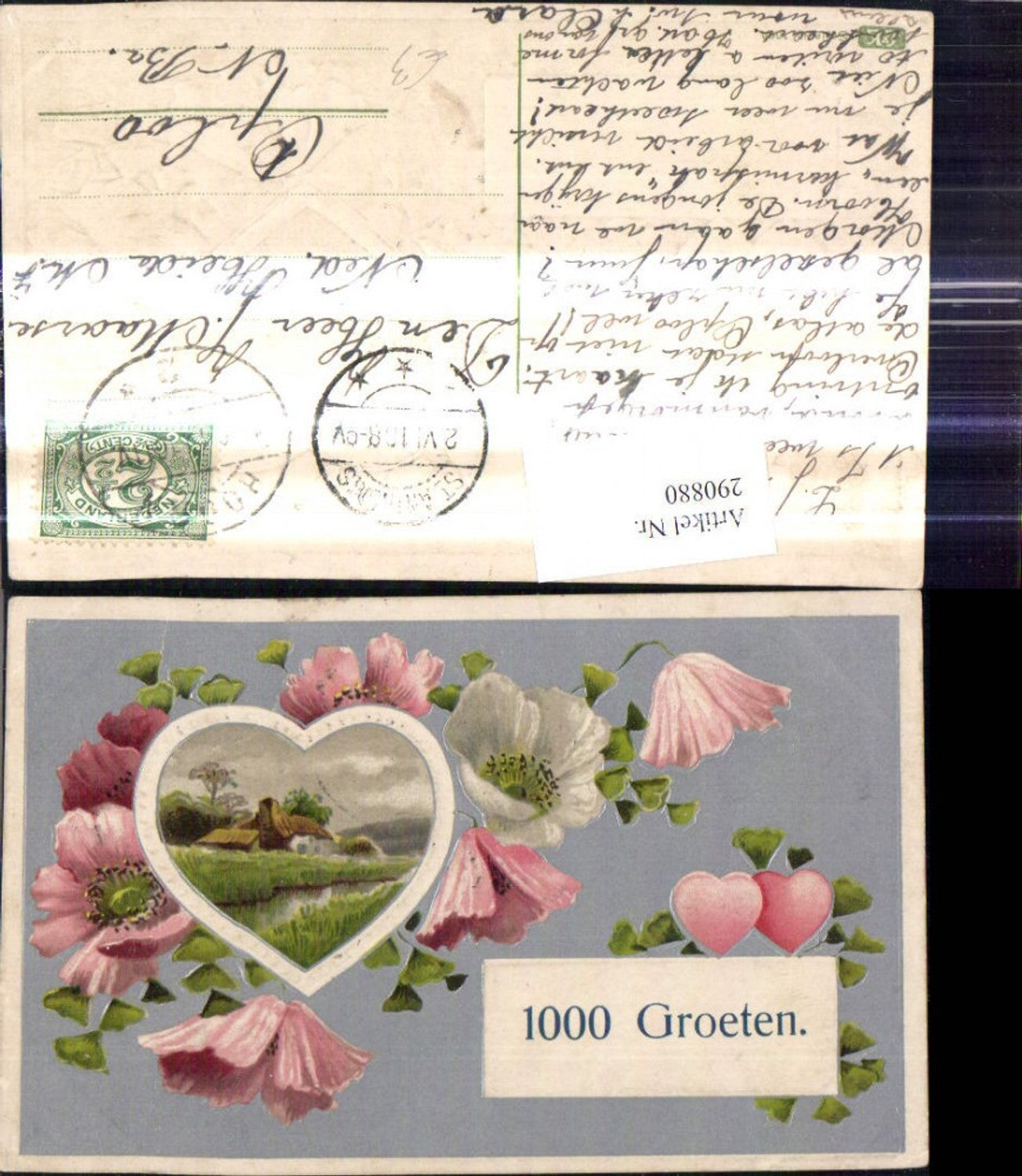 290880,Präge Ak Haus Landschaft Herz Passepartout Blumen Herzen 1000 Groeten