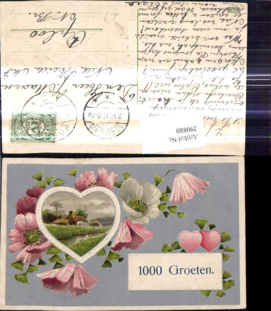 290880,Präge Ak Haus Landschaft Herz Passepartout Blumen Herzen 1000 Groeten