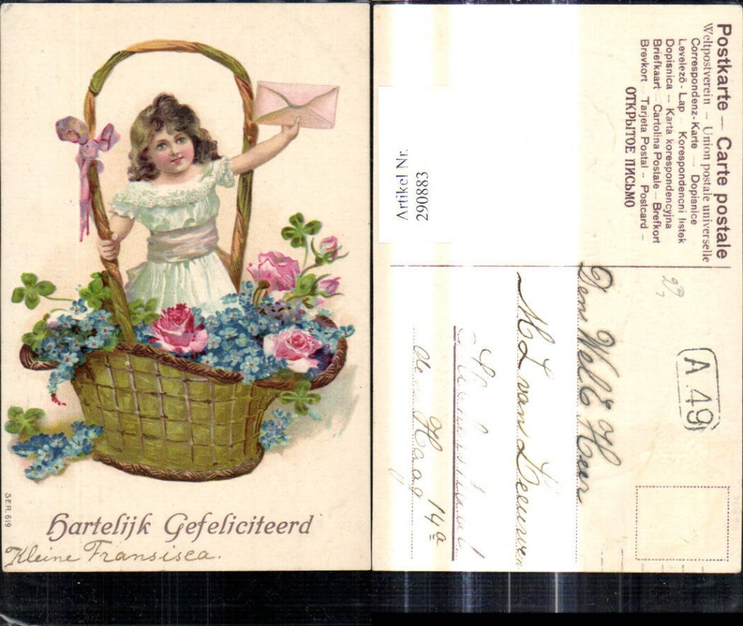 290883,Präge Litho Mädchen i. Korb Kuvert Brief i. Hand Blumen Rosen Vergissmeinnicht Hartelijk Gefeliciteerd
