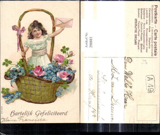 290883,Präge Litho Mädchen i. Korb Kuvert Brief i. Hand Blumen Rosen Vergissmeinnicht Hartelijk Gefeliciteerd