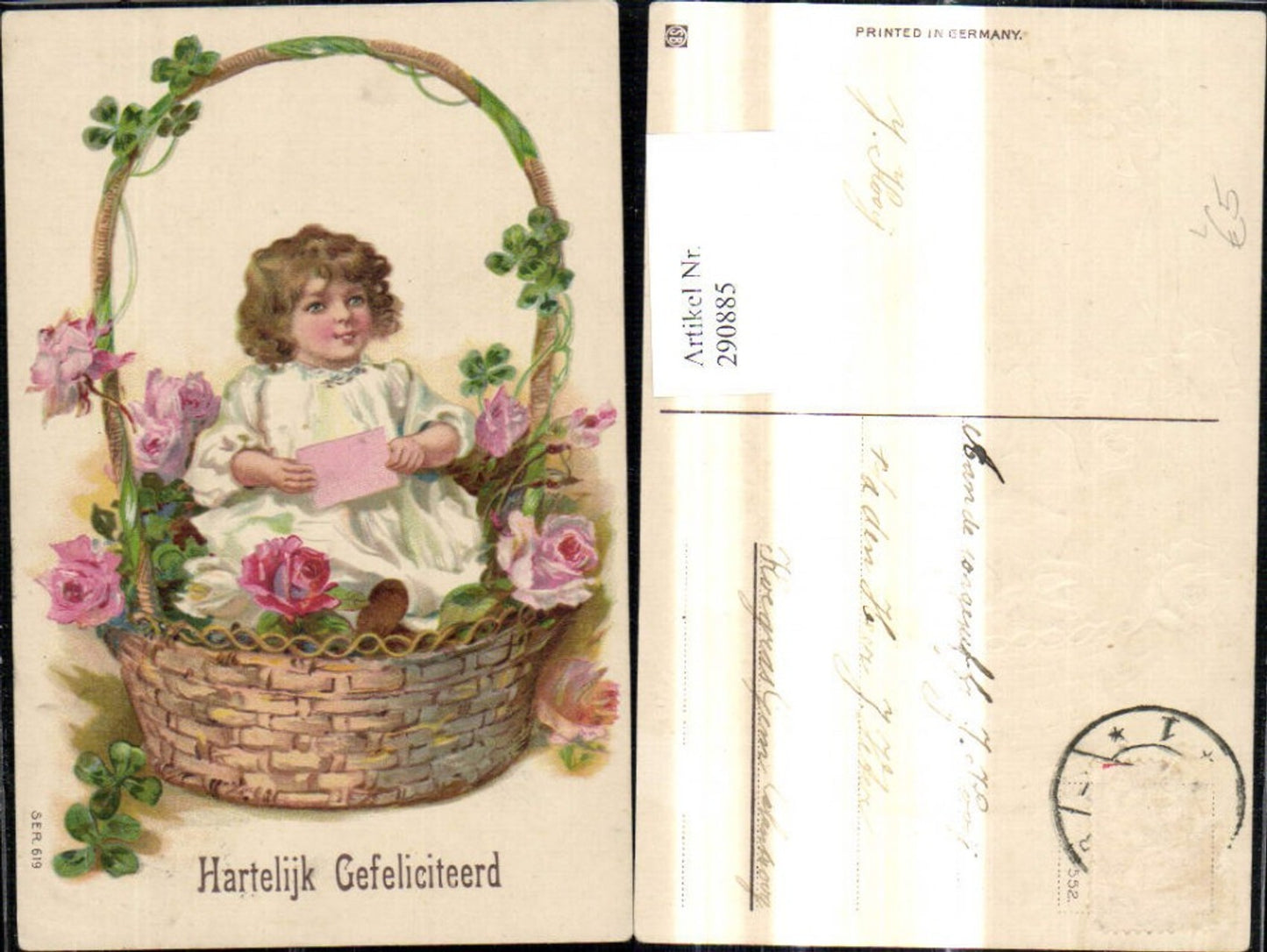 290885,Präge Litho Mädchen i. Korb Kuvert Brief i. Hand Blumen Rosen Hartelijk Gefeliciteerd