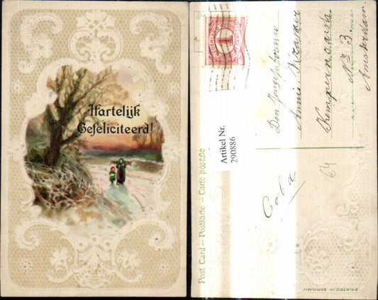 290886, embossed artist postcard, old woman with child, gathering wood in a winter landscape, passe-partout, lace ornament