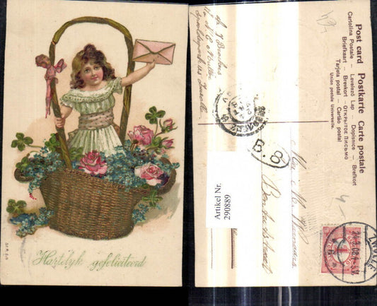 290889, Embossed lithograph of a girl in a basket, envelope, letter in hand, flowers, roses, forget-me-nots, congratulations