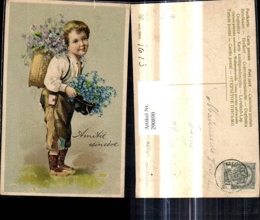 290890, embossed postcard, boy with flowers, forget-me-nots in hat, back basket, violets, sincere friendship