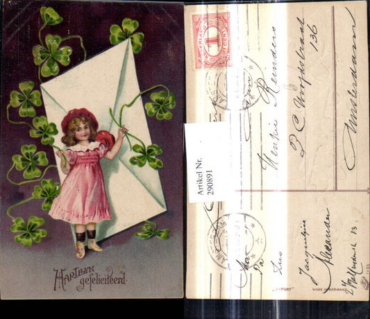 290891, Embossed postcard of a girl with a hat and dress standing in front of a giant envelope, envelope, letter, clover, clover leaves