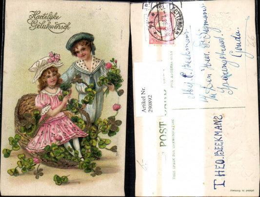 290892, Embosser Lithograph Girl Boy Sailor Suit Basket with Clover Clover Leaves Flowers Hartelyke Gelukwensch