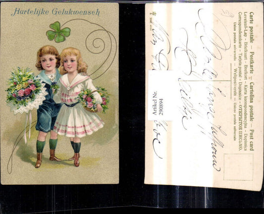 290894, Embosser Ak Girl's Dress Boy Sailor Suit Bouquet Basket Flowers Congratulations