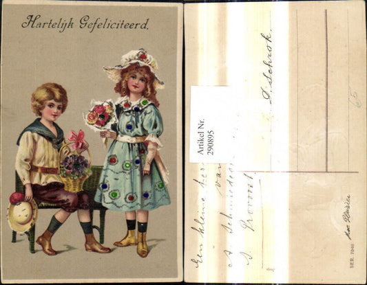 290895,Embossed Ak Girl's Dress Boy Sailor Suit Bouquet Basket Flowers Hartelijk Gefeliciteerd