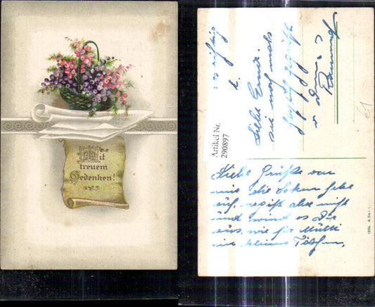 290897,Mit treuem Gedenken Spruch Zitat Schriftrolle Papierrolle Blumenkorb Blumen Korb