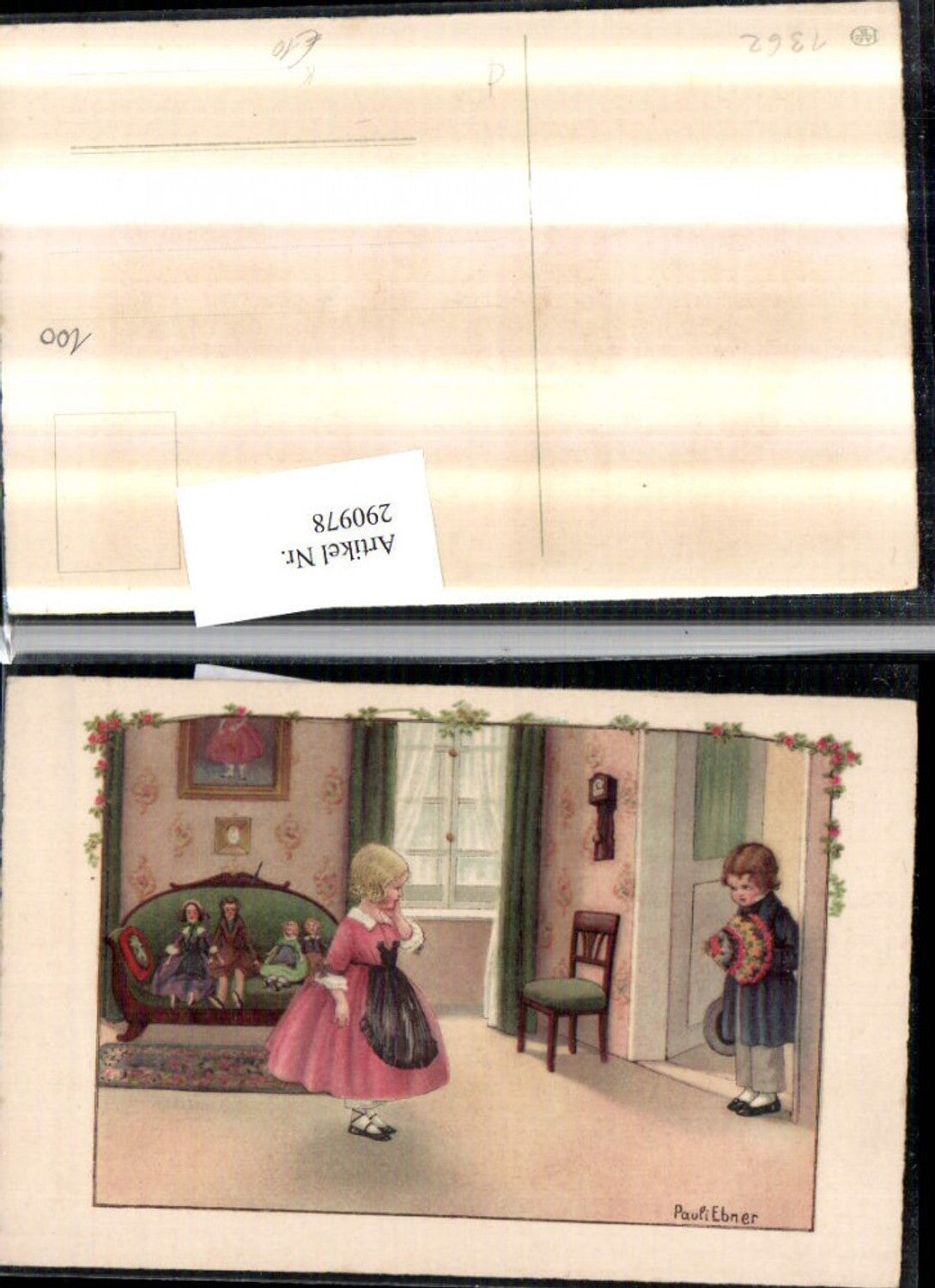 290978,Künstler AK Pauli Ebner Junge Bub m. Blumenstrauß Mädchen m. Kleid Puppen