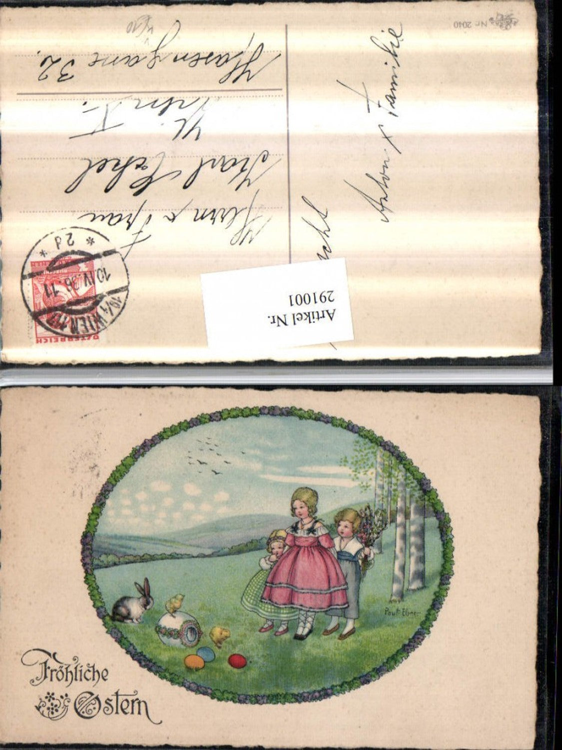 291001,Künstler AK Pauli Ebner Ostern Kinder Kleid Hase Küken Ostereier Passepartout pub Erika 2040