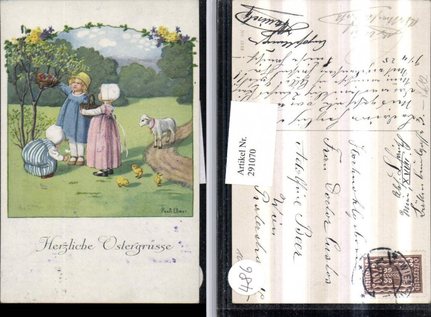 291070,Künstler AK Pauli Ebner Ostern Kinder Korb Nest Ostereier Lamm Küken pub M. Munk 1238
