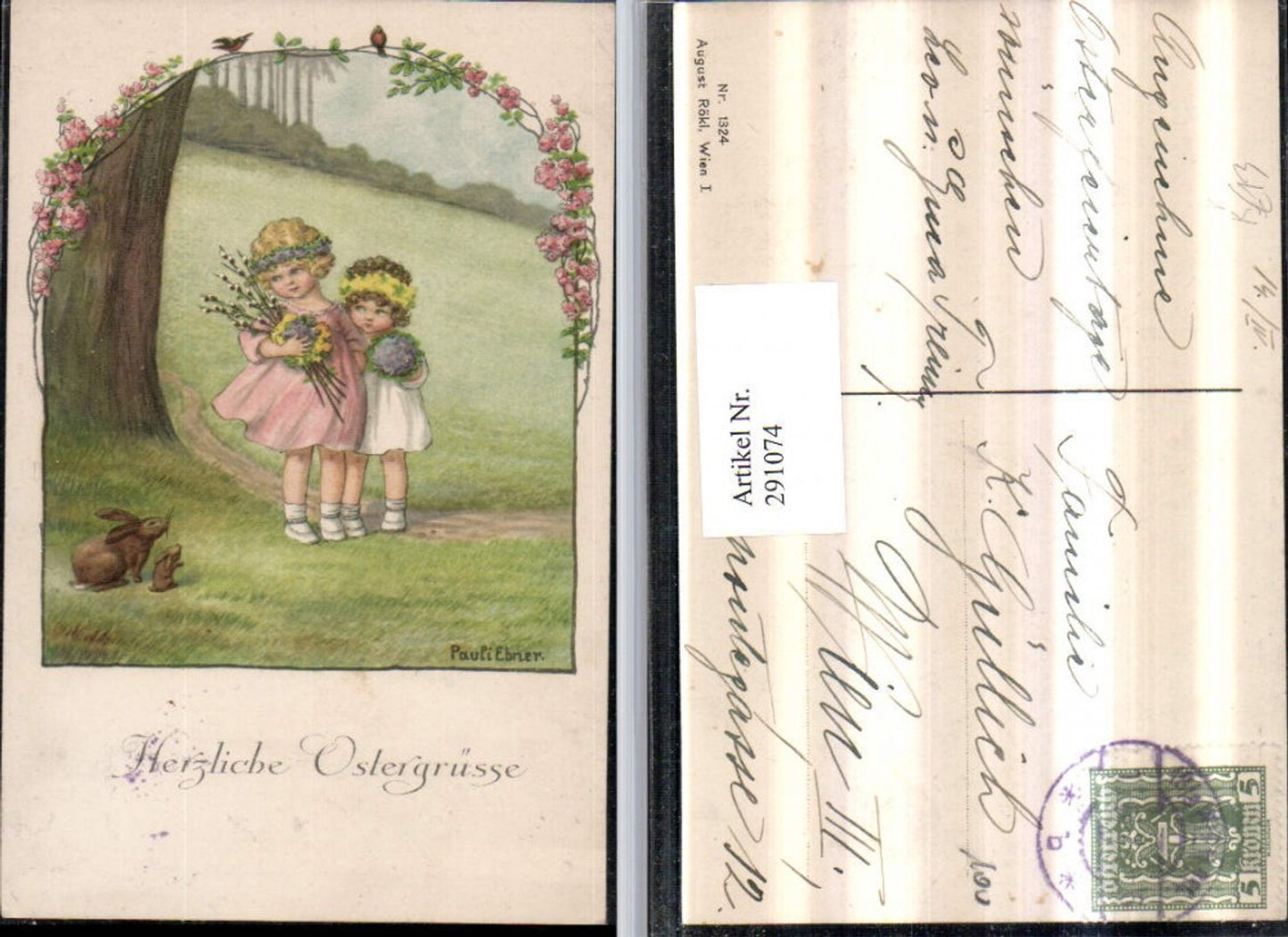 291074,Künstler AK Pauli Ebner Ostern Mädchen Blumen Palmkätzchen Hasen pub August Rökl 1324