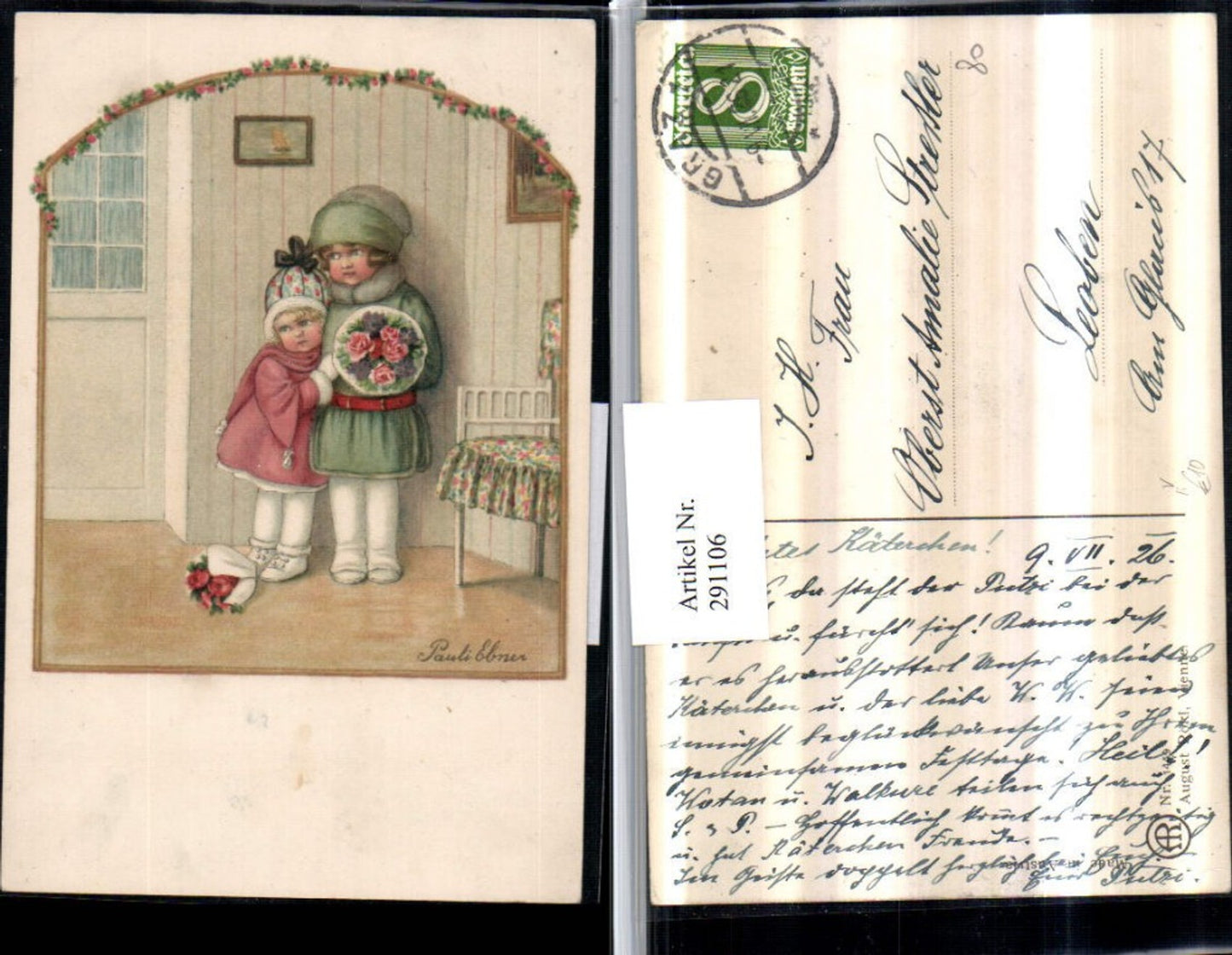 291106,Künstler AK Pauli Ebner Kinder Hauben Blumenstrauß pub August Rökl 1449