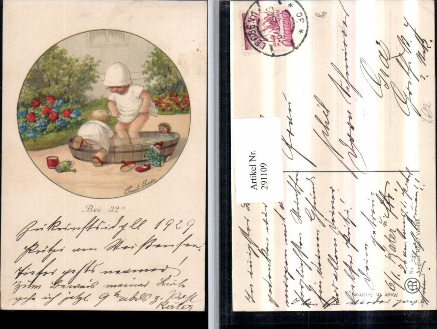 291109,Künstler AK Pauli Ebner Bei 32° Kinder Badeschüssel Puppen pub August Rökl 1440