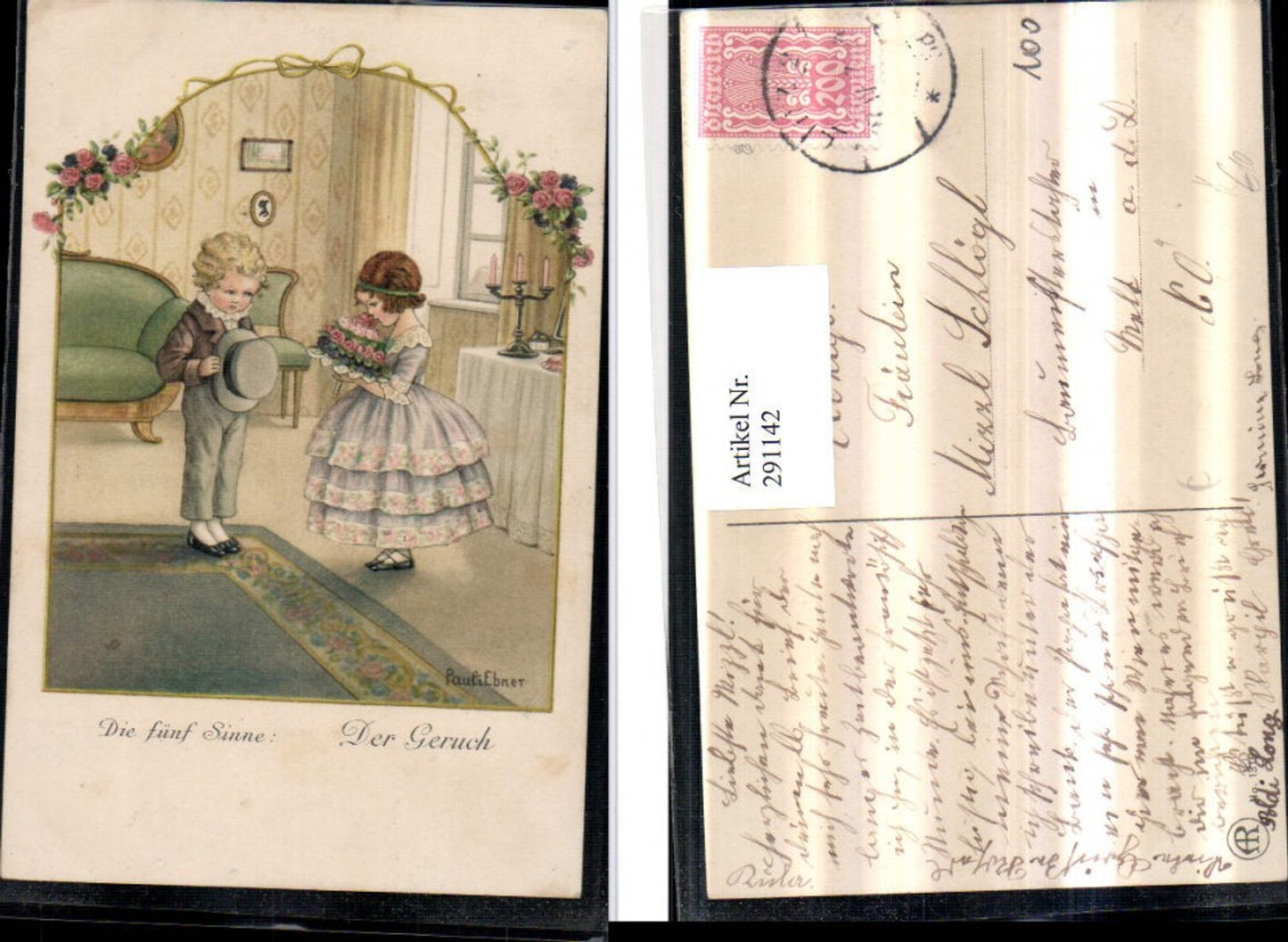 291142,Künstler AK Pauli Ebner Fünf Sinne Der Geruch Mädchen Kleid Blumenstrauß Junge pub August Rökl 1316
