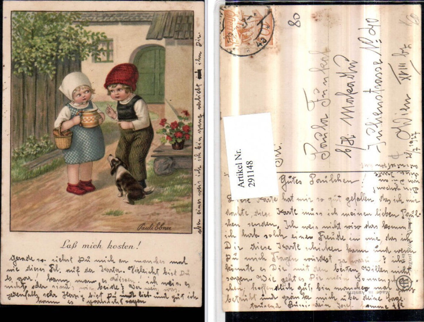 291148,Künstler AK Pauli Ebner Lass mich kosten Kinder Krug Hund pub August Rökl 1448