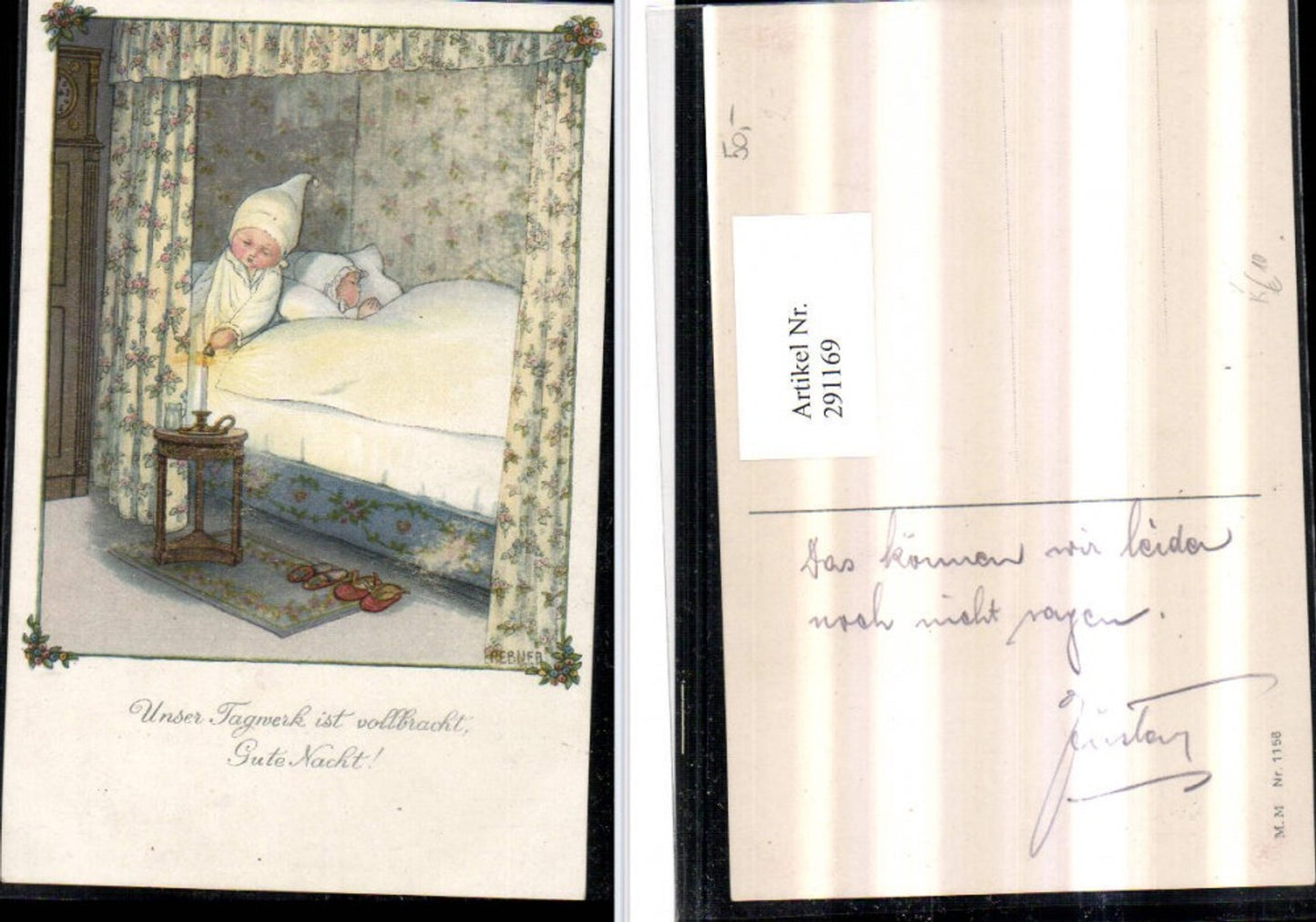 291169,Künstler AK Pauli Ebner Gute Nacht Kinder Bett Mütze Kerze pub M. Munk 1158