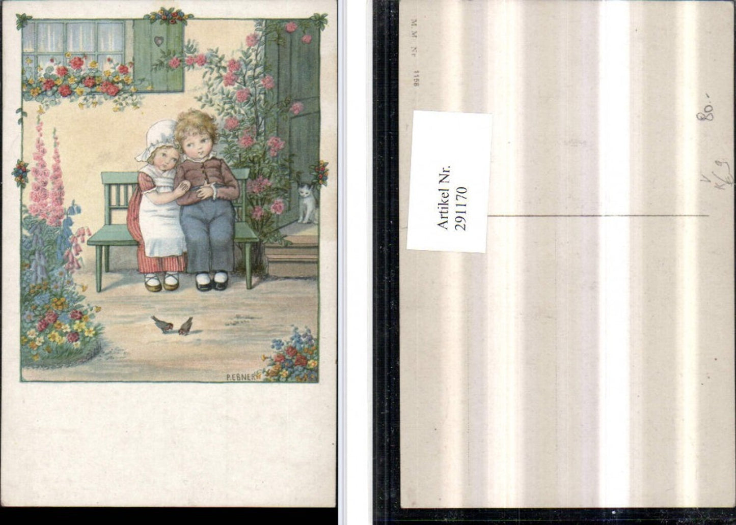 291170,Künstler AK Pauli Ebner Kinder Liebe Gartenbank Blumen Katze pub M. Munk 1158