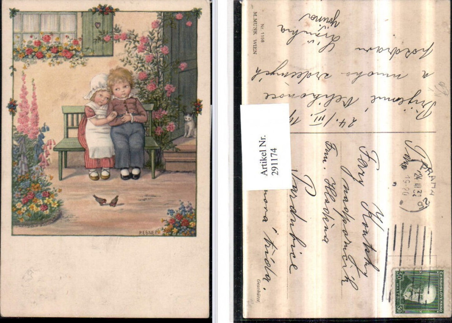 291174,Künstler AK Pauli Ebner Kinder Liebe Gartenbank Blumen Katze pub Munk Wien 1158